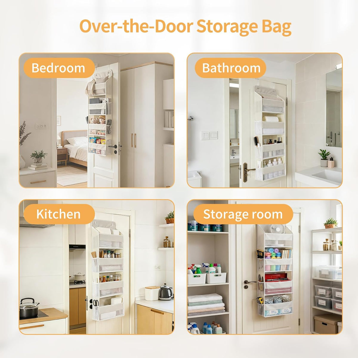 Over the Door Organizer, Door Storage Organizer with Large Capacity Pockets, Hanging Shelves for Bedroom, Closet, Dorm, Pantry (Grey, 4-Tier)