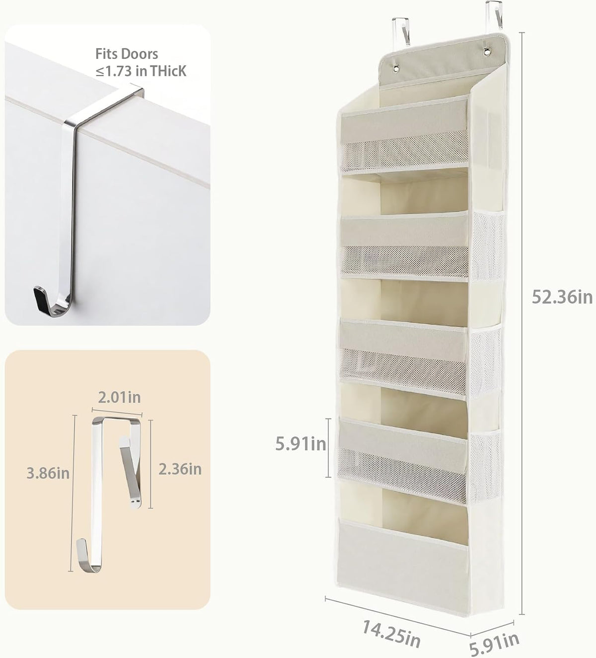 Over the Door Organizer, Door Storage Organizer with Large Capacity Pockets, Hanging Shelves for Bedroom, Closet, Dorm, Pantry (Grey, 4-Tier)