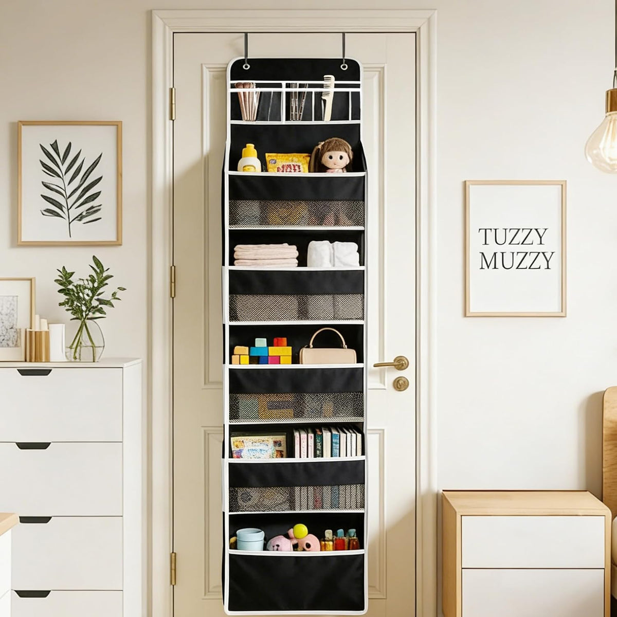 Over the Door Organizer, Door Storage Organizer with Large Capacity Pockets, Hanging Shelves for Bedroom, Closet, Dorm, Pantry (Grey, 4-Tier)