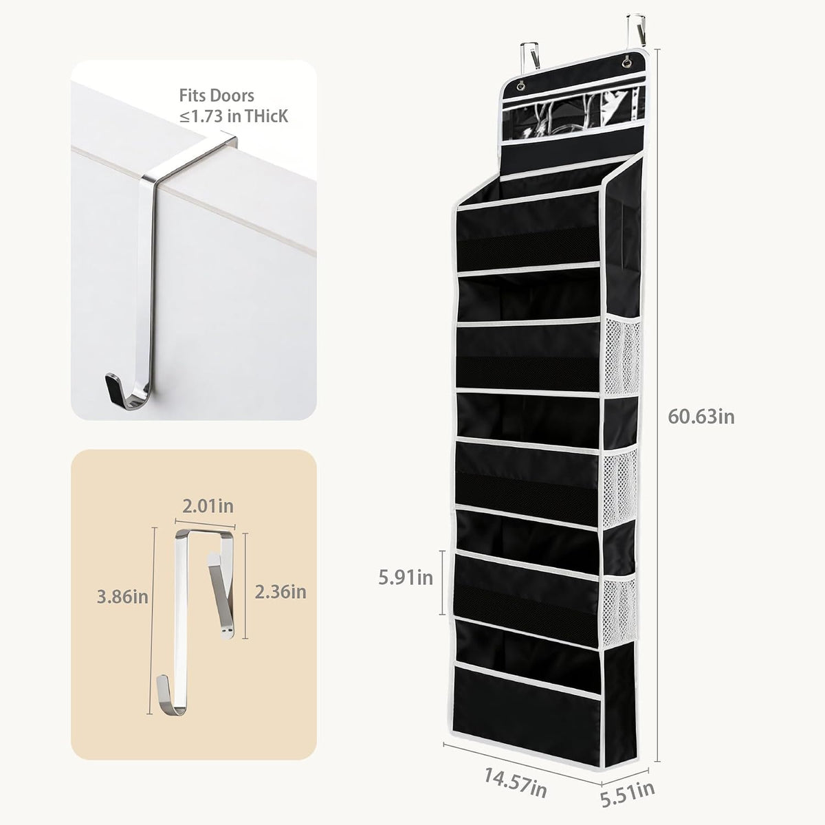 Over the Door Organizer, Door Storage Organizer with Large Capacity Pockets, Hanging Shelves for Bedroom, Closet, Dorm, Pantry (Grey, 4-Tier)
