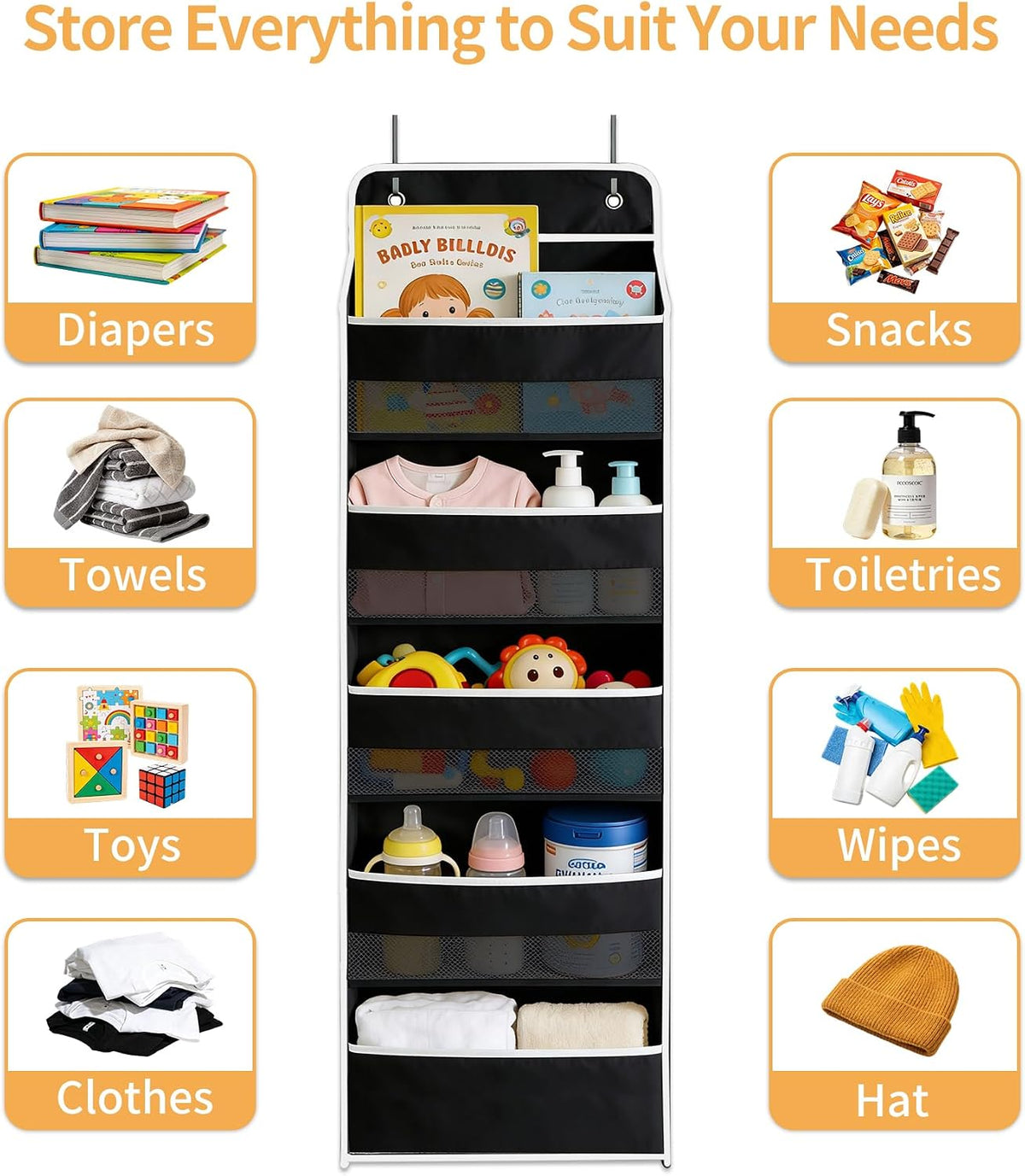 Over the Door Organizer, Door Storage Organizer with Large Capacity Pockets, Hanging Shelves for Bedroom, Closet, Dorm, Pantry (Grey, 4-Tier)