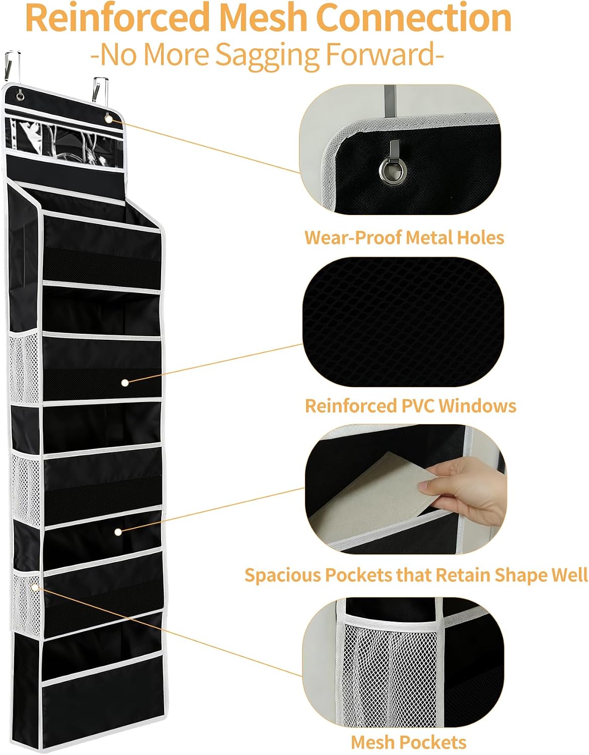 Over the Door Organizer, Door Storage Organizer with Large Capacity Pockets, Hanging Shelves for Bedroom, Closet, Dorm, Pantry (Grey, 4-Tier)