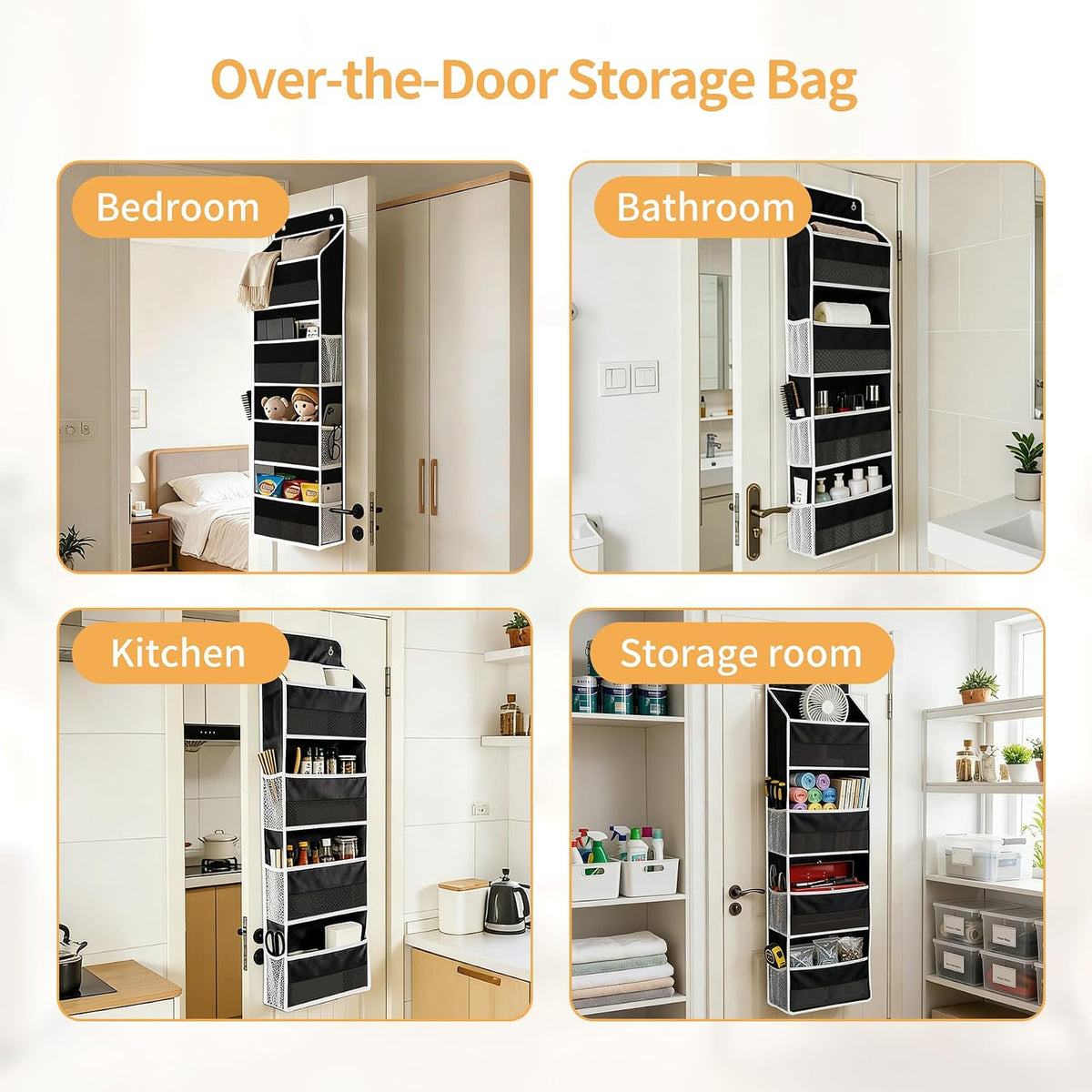 Over the Door Organizer, Door Storage Organizer with Large Capacity Pockets, Hanging Shelves for Bedroom, Closet, Dorm, Pantry (Grey, 4-Tier)