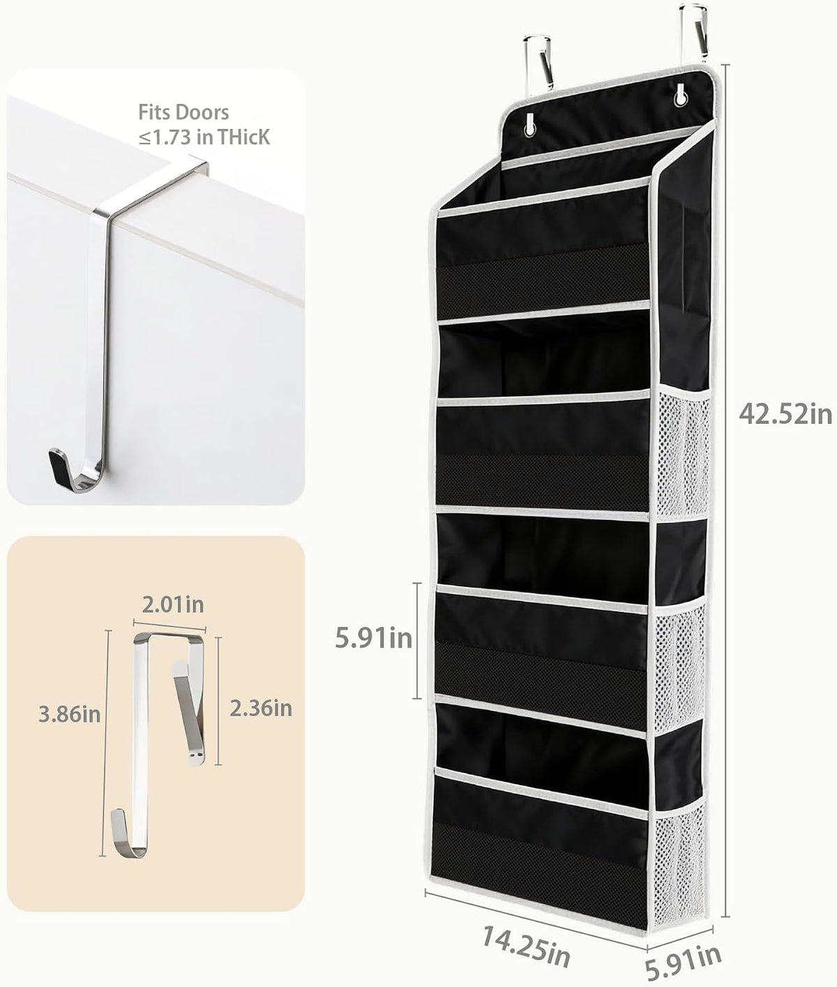 Over the Door Organizer, Door Storage Organizer with Large Capacity Pockets, Hanging Shelves for Bedroom, Closet, Dorm, Pantry (Grey, 4-Tier)
