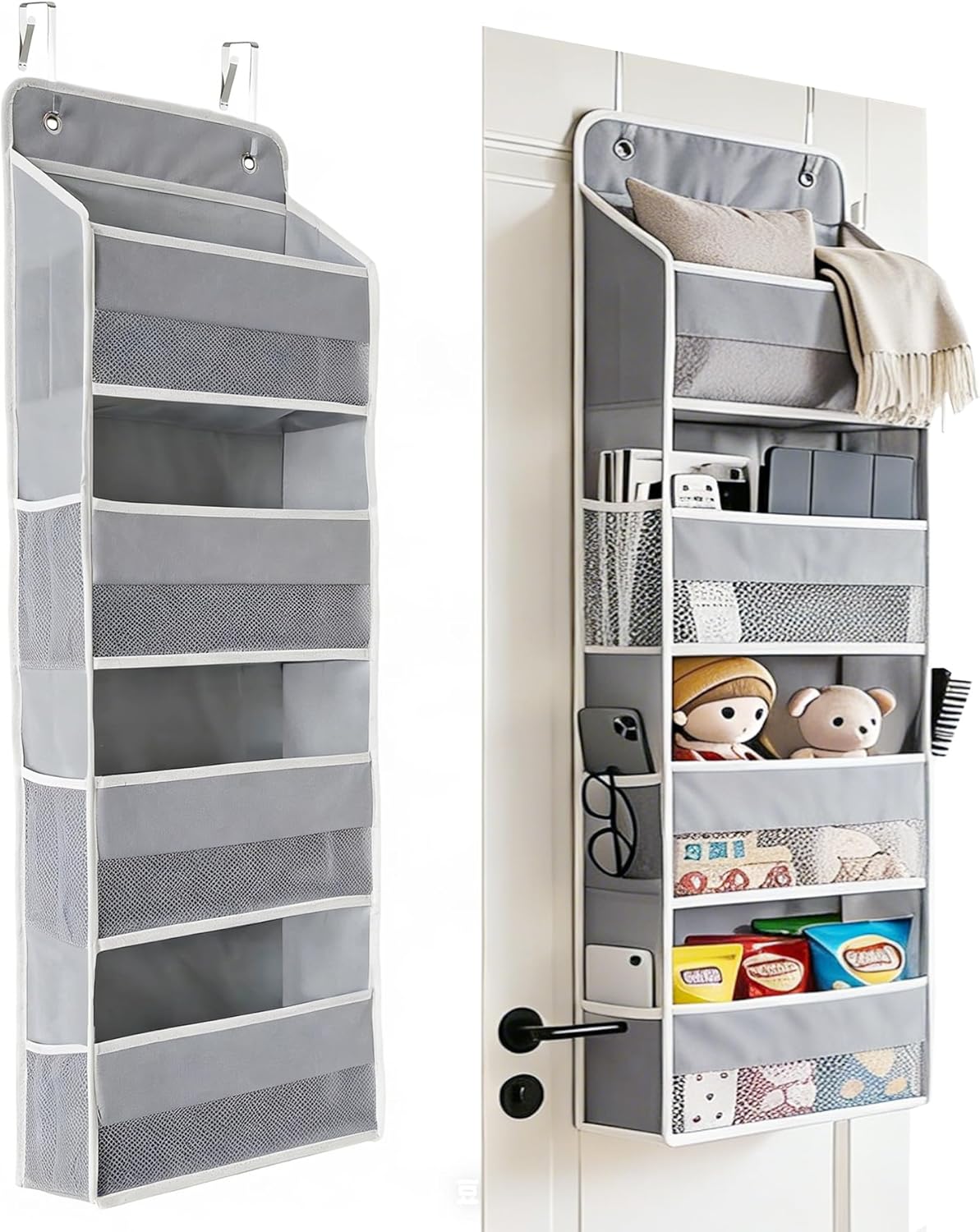 Over the Door Organizer, Door Storage Organizer with Large Capacity Pockets, Hanging Shelves for Bedroom, Closet, Dorm, Pantry (Grey, 4-Tier)