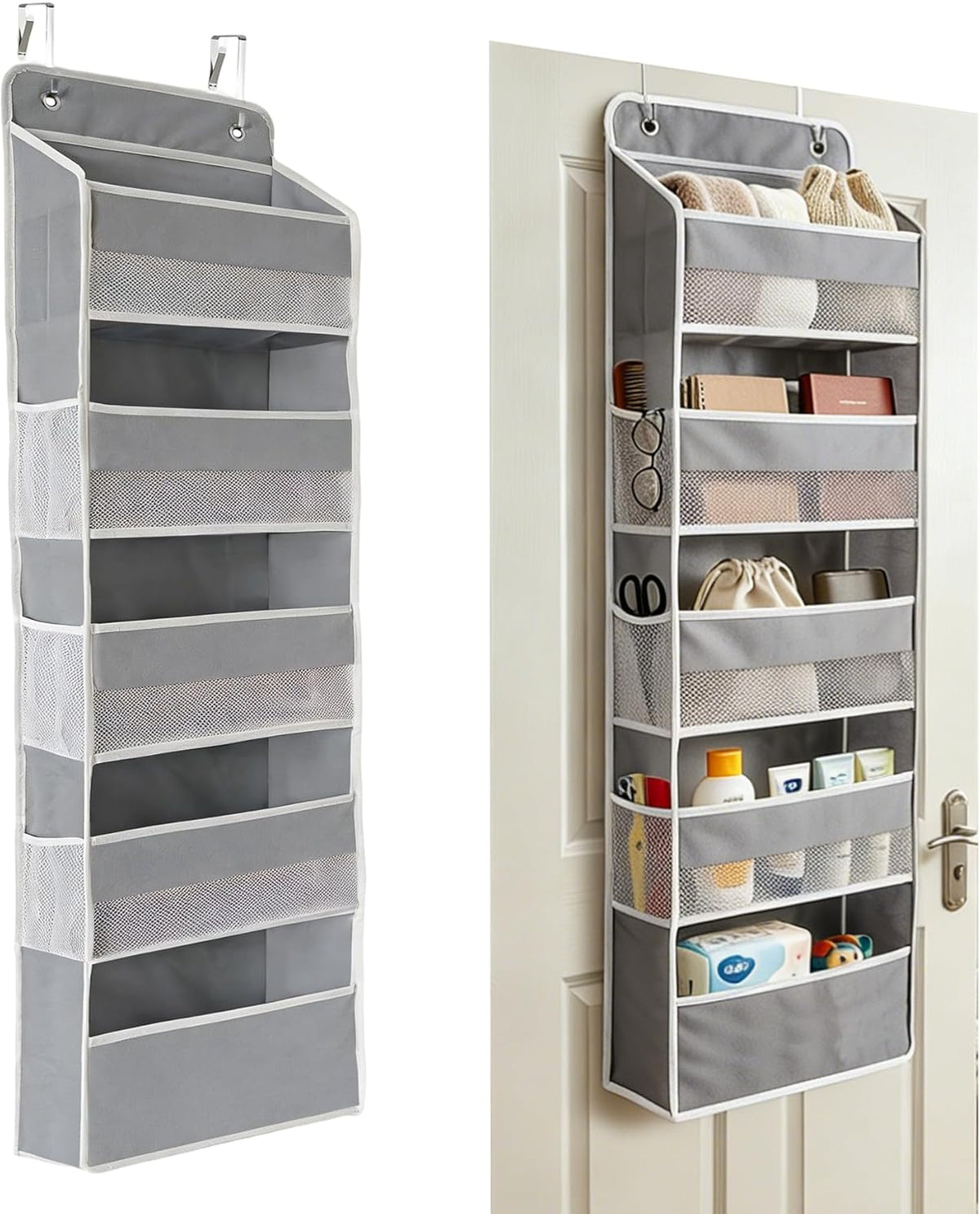 Over the Door Organizer, Door Storage Organizer with Large Capacity Pockets, Hanging Shelves for Bedroom, Closet, Dorm, Pantry (Grey, 4-Tier)