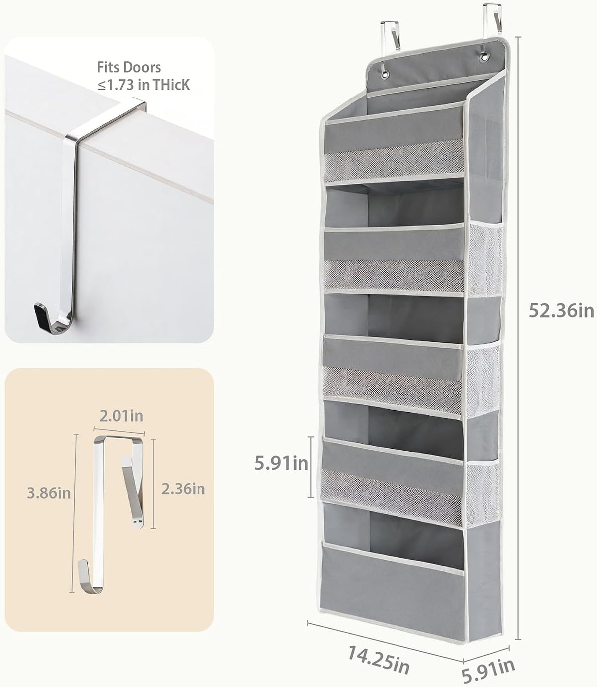 Over the Door Organizer, Door Storage Organizer with Large Capacity Pockets, Hanging Shelves for Bedroom, Closet, Dorm, Pantry (Grey, 4-Tier)