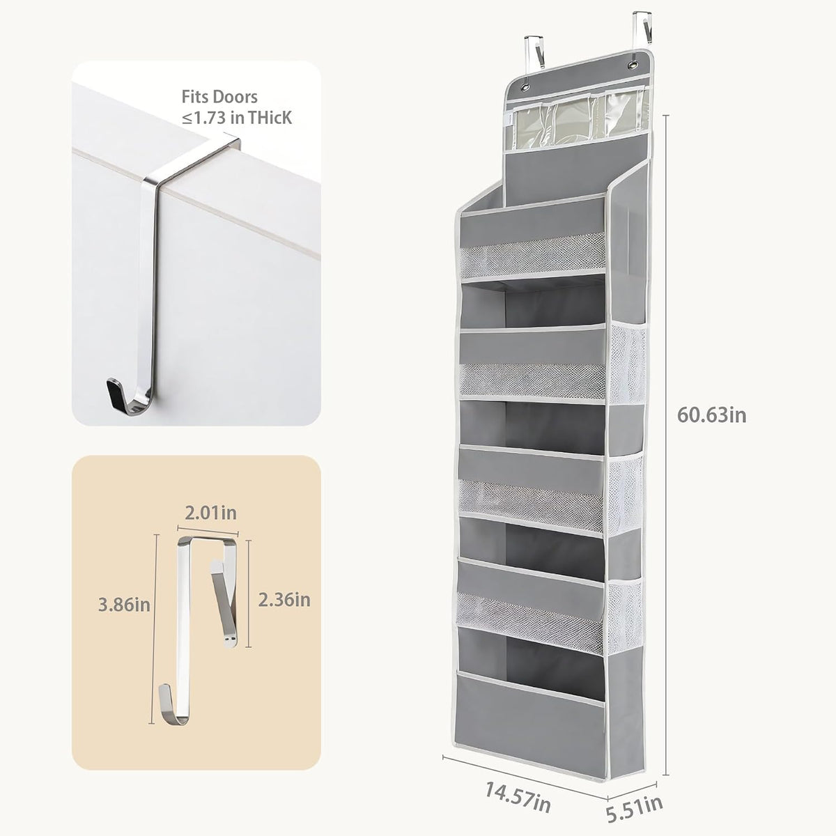 Over the Door Organizer, Door Storage Organizer with Large Capacity Pockets, Hanging Shelves for Bedroom, Closet, Dorm, Pantry (Grey, 4-Tier)