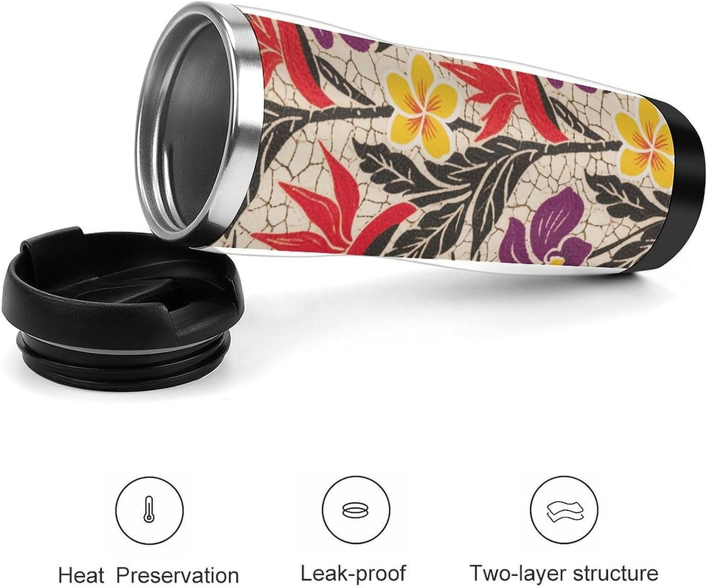 13oz Insulated Travel Coffee Mug Reusable Coffee Cup Water Bottle | Tropical Flower Travel Mug with Leak Proof Lid Double Wall Stainless Steel Coffee Tumbler Personalized Gift