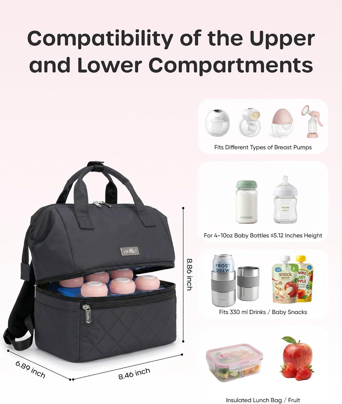 Wearable Breast Pump Bag with Cooler Compartment, Grey