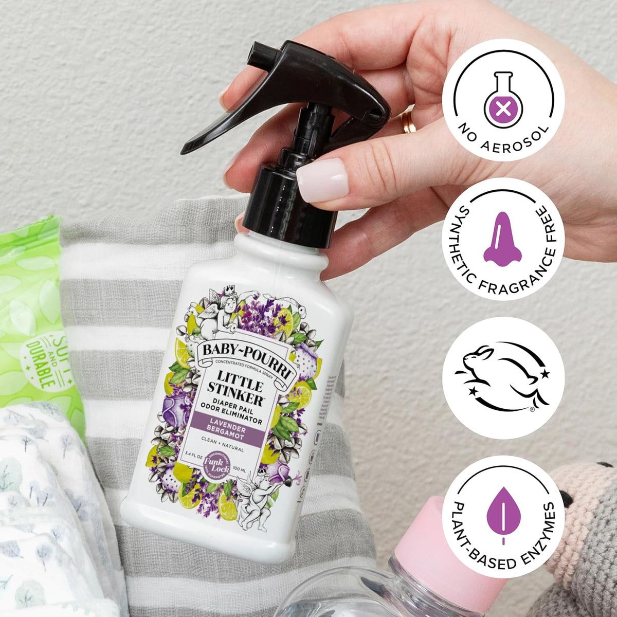 Baby- Little Stinker Diaper Pail Deodorizer Spray, 3.4 Fl Oz, Up to 150 Uses, Odor Freshener with Essential Oils, Nursery Essentials, Lavender, Bergamot, Eucalyptus & Vanilla Scent