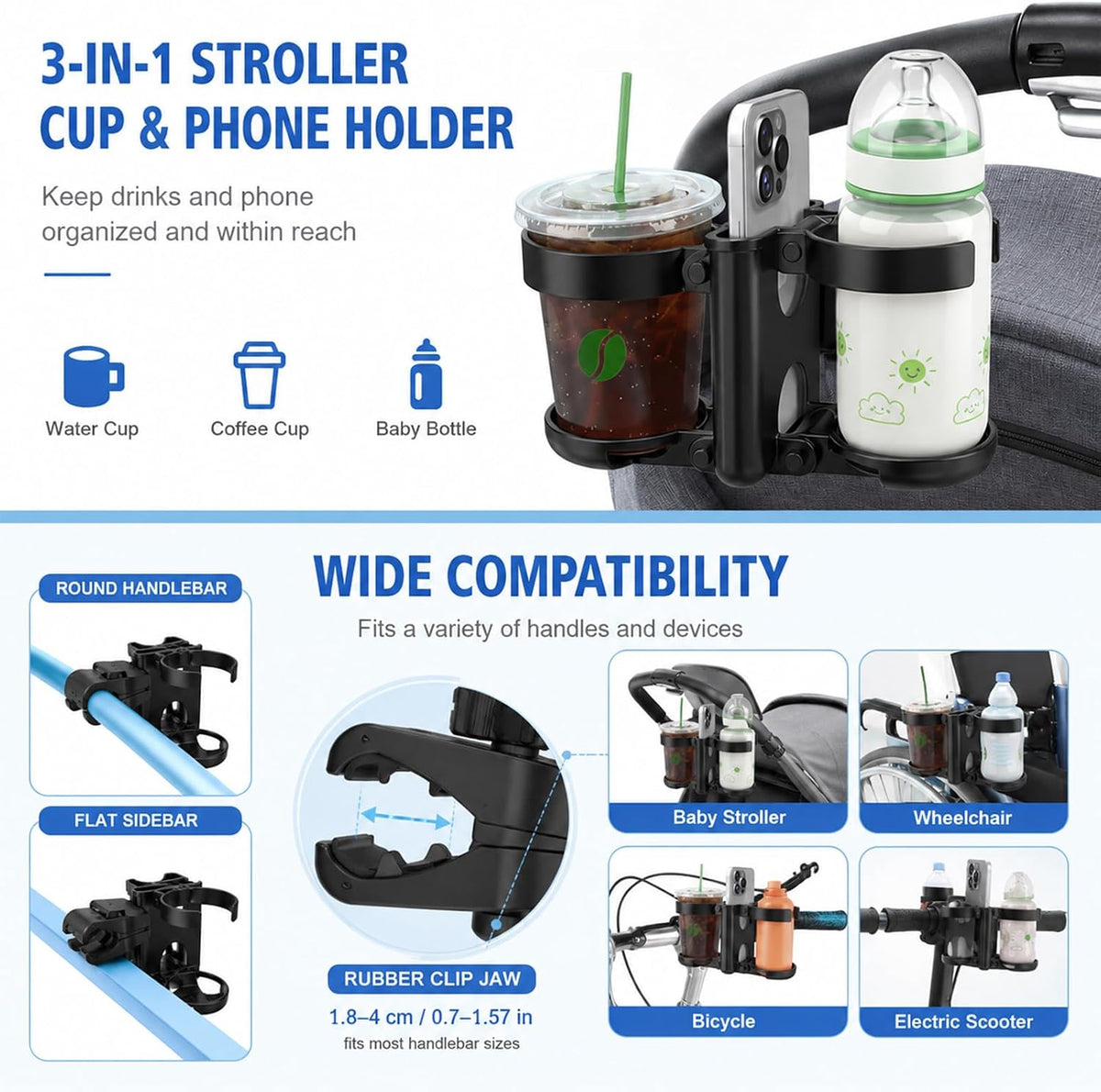 Stroller Cup Holder,Stroller Cup Holder Attachment with Phone Holder,Cup Holder for Stroller,Cup Holder for Wheelchair,Wheelchair Cup Holder 3-in-1 Bottle Holder, Wheelchair, Scooter
