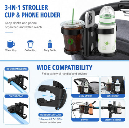 Stroller Cup Holder,Stroller Cup Holder Attachment with Phone Holder,Cup Holder for Stroller,Cup Holder for Wheelchair,Wheelchair Cup Holder 3-in-1 Bottle Holder, Wheelchair, Scooter