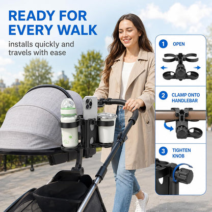Stroller Cup Holder,Stroller Cup Holder Attachment with Phone Holder,Cup Holder for Stroller,Cup Holder for Wheelchair,Wheelchair Cup Holder 3-in-1 Bottle Holder, Wheelchair, Scooter