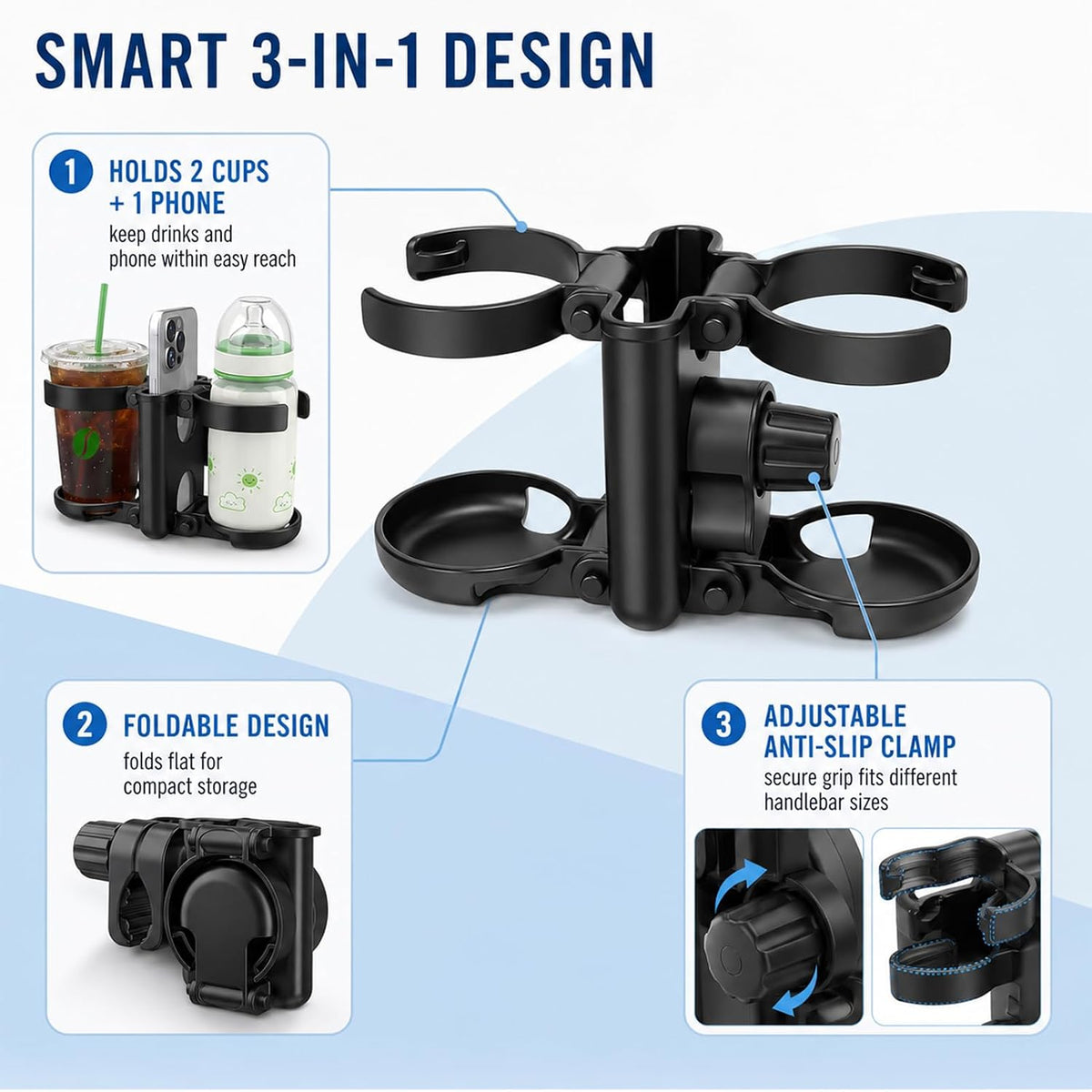 Stroller Cup Holder,Stroller Cup Holder Attachment with Phone Holder,Cup Holder for Stroller,Cup Holder for Wheelchair,Wheelchair Cup Holder 3-in-1 Bottle Holder, Wheelchair, Scooter