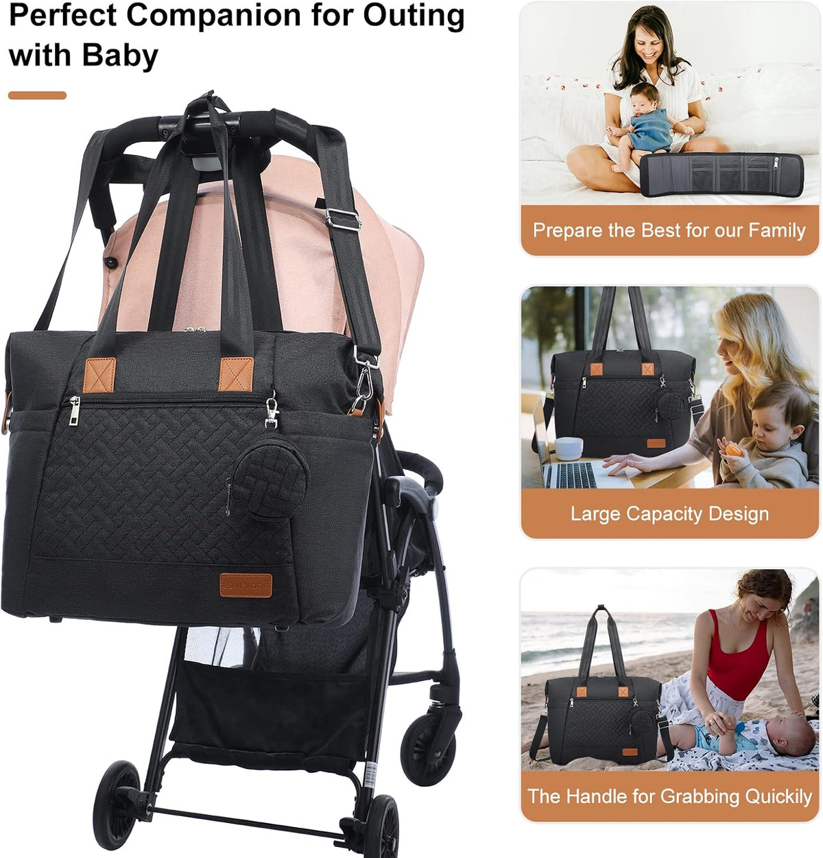Diaper Bag Tote, Baby Diaper Bag Waterproof Travel Diaper Tote with Changing Pad