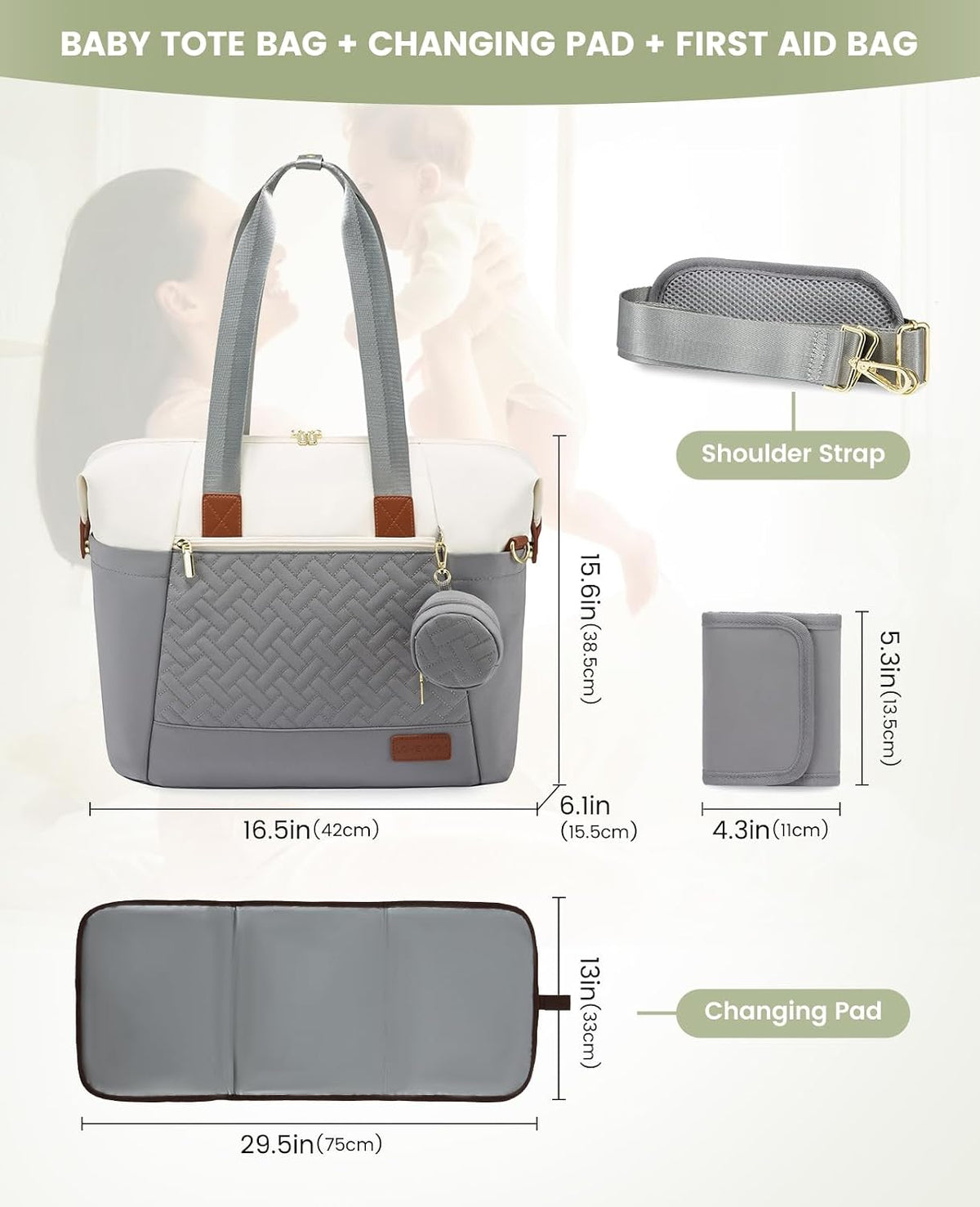 Diaper Bag Tote, Baby Diaper Bag Waterproof Travel Diaper Tote with Changing Pad