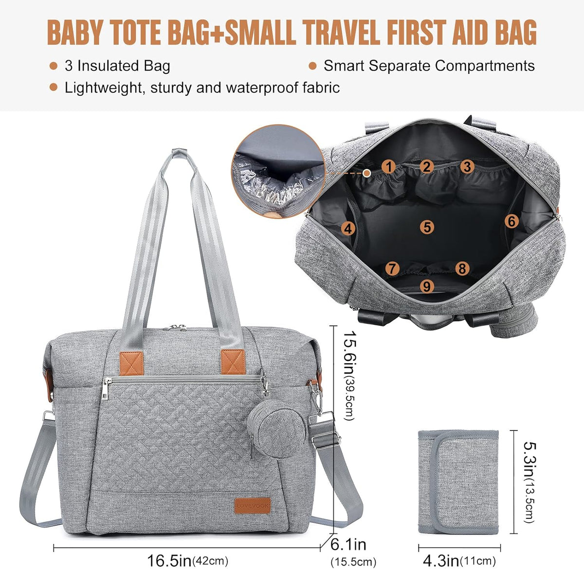 Diaper Bag Tote, Baby Diaper Bag Waterproof Travel Diaper Tote with Changing Pad