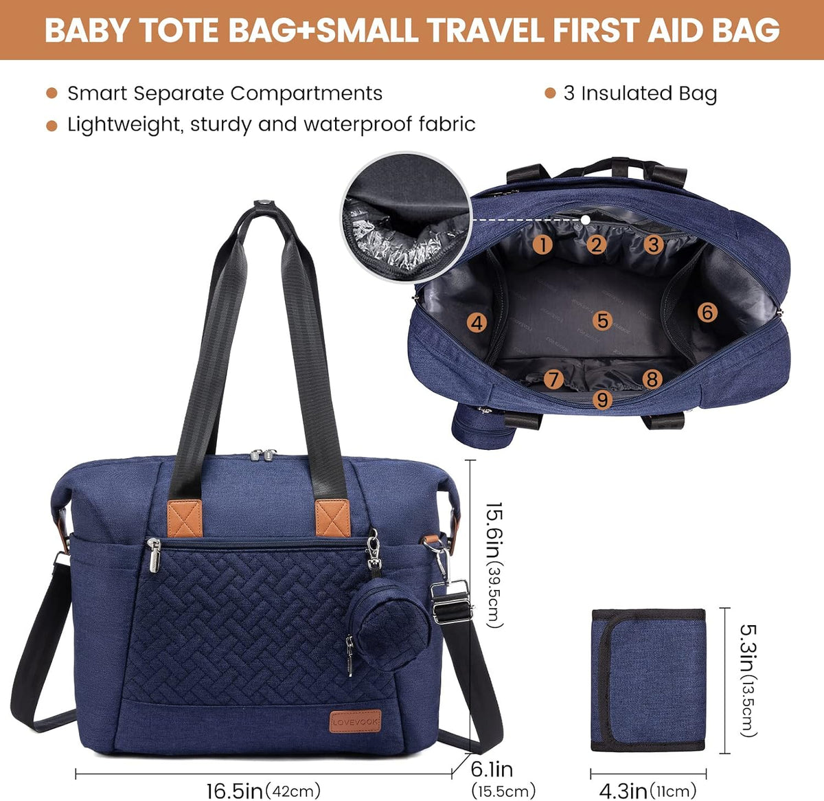 Diaper Bag Tote, Baby Diaper Bag Waterproof Travel Diaper Tote with Changing Pad