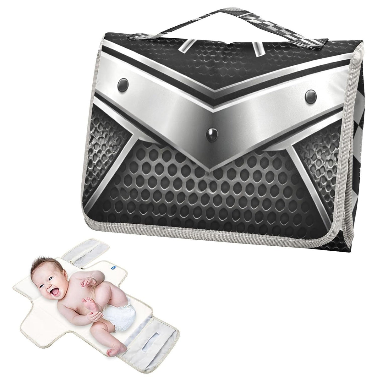 Checkered Racing Flags Portable Diaper Changing Pad, Waterproof Baby Changing Mat with Storage Pocket & Built-in Pillow, Foldable Travel Pad, Newborn Gift Set for Boy Girl