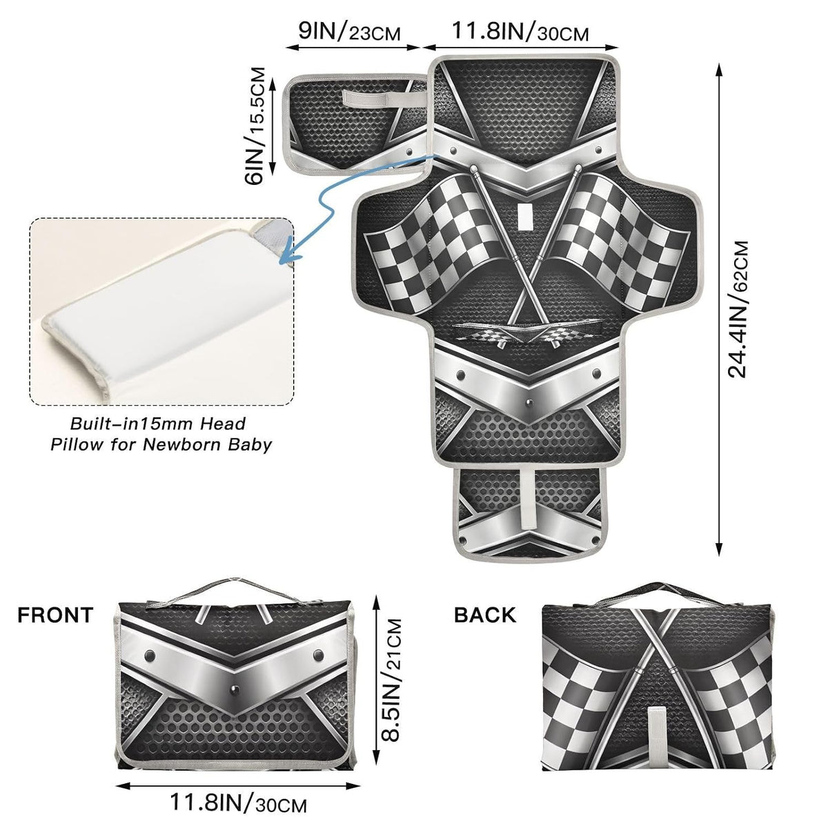 Checkered Racing Flags Portable Diaper Changing Pad, Waterproof Baby Changing Mat with Storage Pocket & Built-in Pillow, Foldable Travel Pad, Newborn Gift Set for Boy Girl