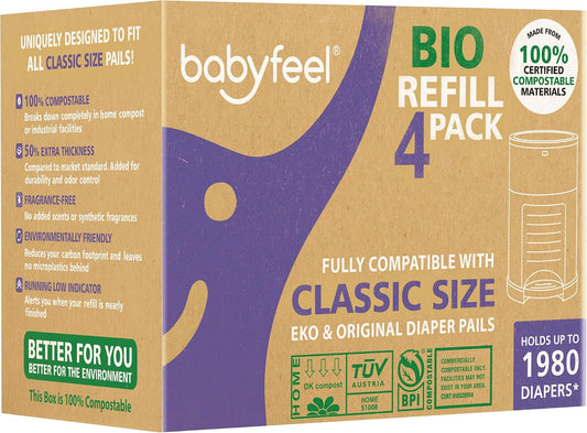 BIO Refills Compatible with DEKOR CLASSIC Diaper Pails | 100% Compostable |4 Pack |50% Extra Thickness | Compost Refill bags with Running Low Indicator |Powerful Odor Control | Fragrance-free