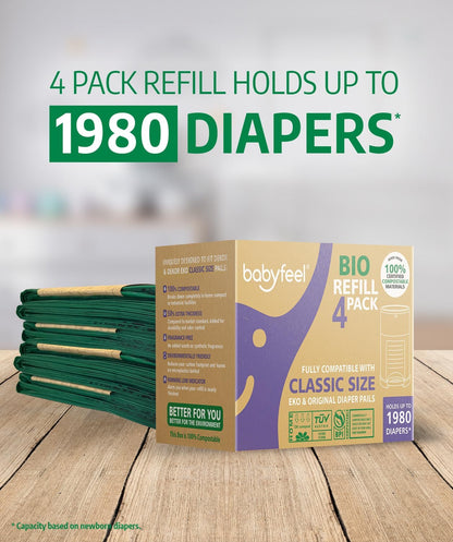 BIO Refills Compatible with DEKOR CLASSIC Diaper Pails | 100% Compostable |4 Pack |50% Extra Thickness | Compost Refill bags with Running Low Indicator |Powerful Odor Control | Fragrance-free