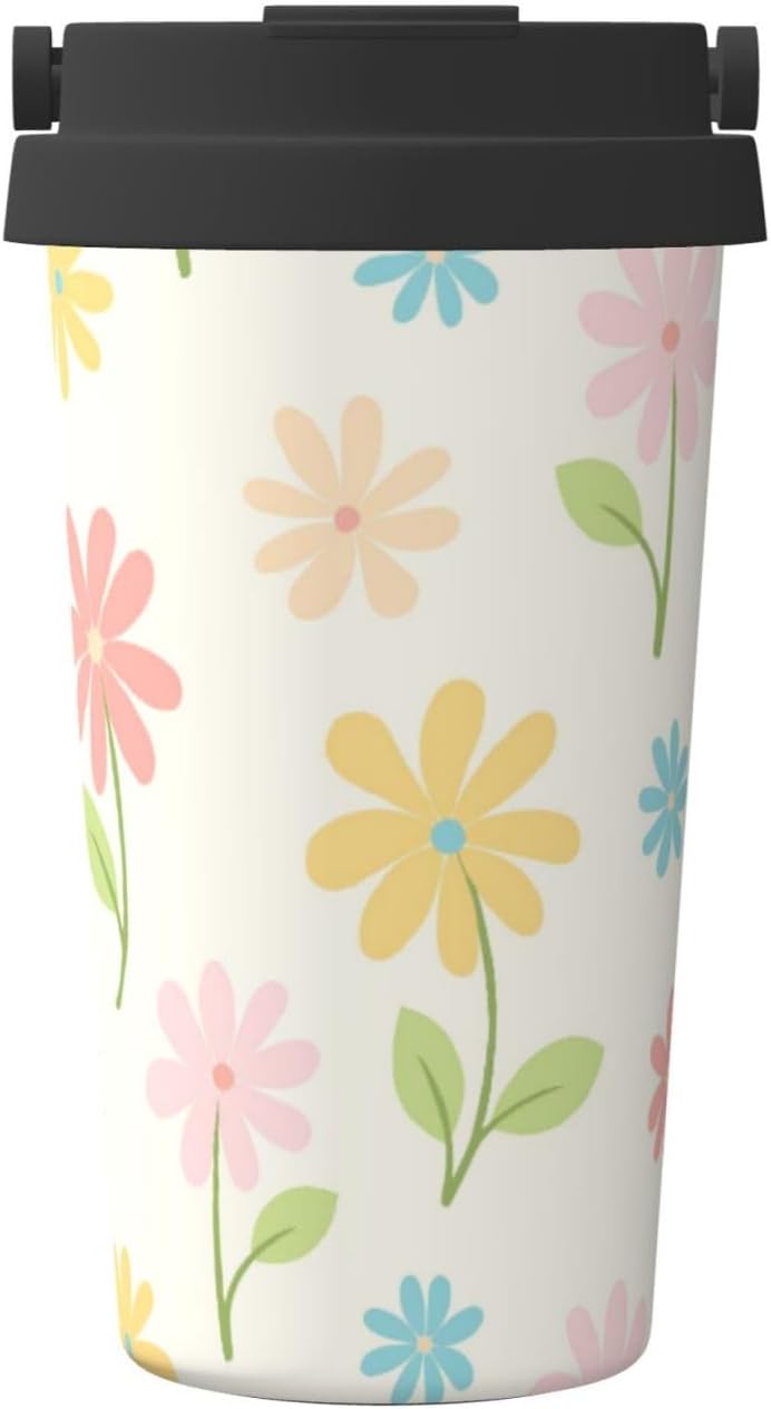 Orange And Blue Floral Print Leak Proof Coffee Travel Cup | Double Wall Stainless Steel Insulated Tumbler Flip Lid Portable Car Driving Coffee Drinking Vessel