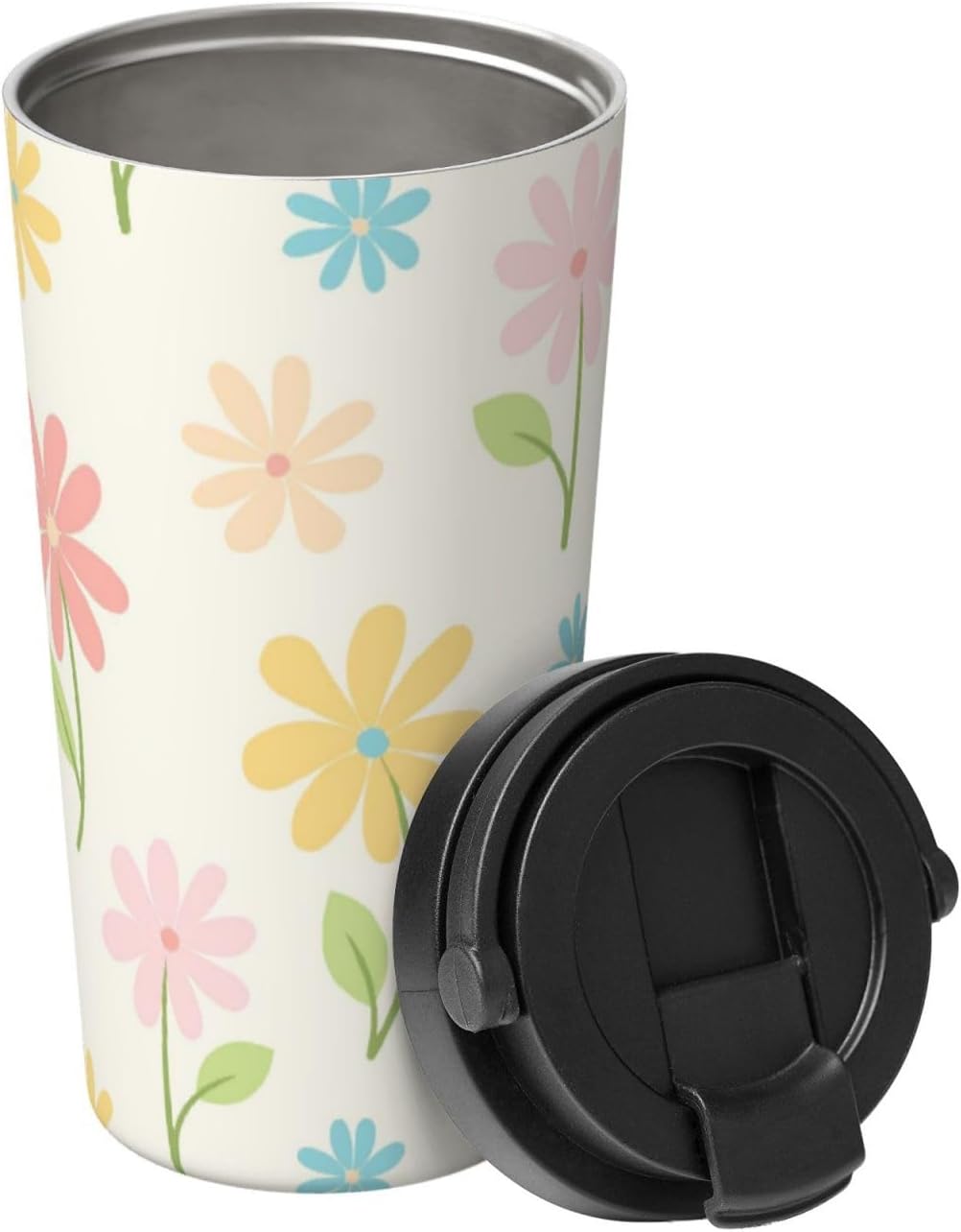Orange And Blue Floral Print Leak Proof Coffee Travel Cup | Double Wall Stainless Steel Insulated Tumbler Flip Lid Portable Car Driving Coffee Drinking Vessel