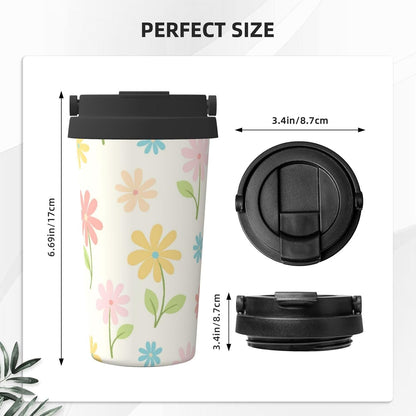 Orange And Blue Floral Print Leak Proof Coffee Travel Cup | Double Wall Stainless Steel Insulated Tumbler Flip Lid Portable Car Driving Coffee Drinking Vessel