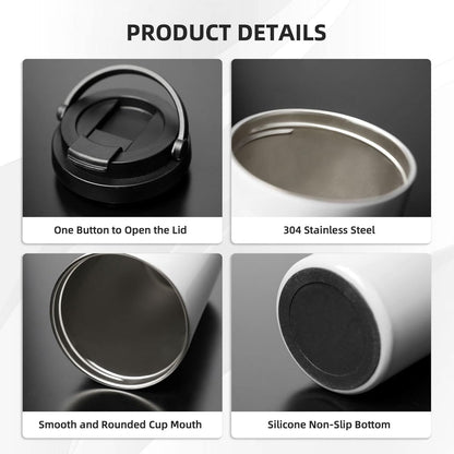 Orange And Blue Floral Print Leak Proof Coffee Travel Cup | Double Wall Stainless Steel Insulated Tumbler Flip Lid Portable Car Driving Coffee Drinking Vessel