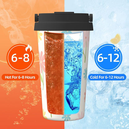 Orange And Blue Floral Print Leak Proof Coffee Travel Cup | Double Wall Stainless Steel Insulated Tumbler Flip Lid Portable Car Driving Coffee Drinking Vessel