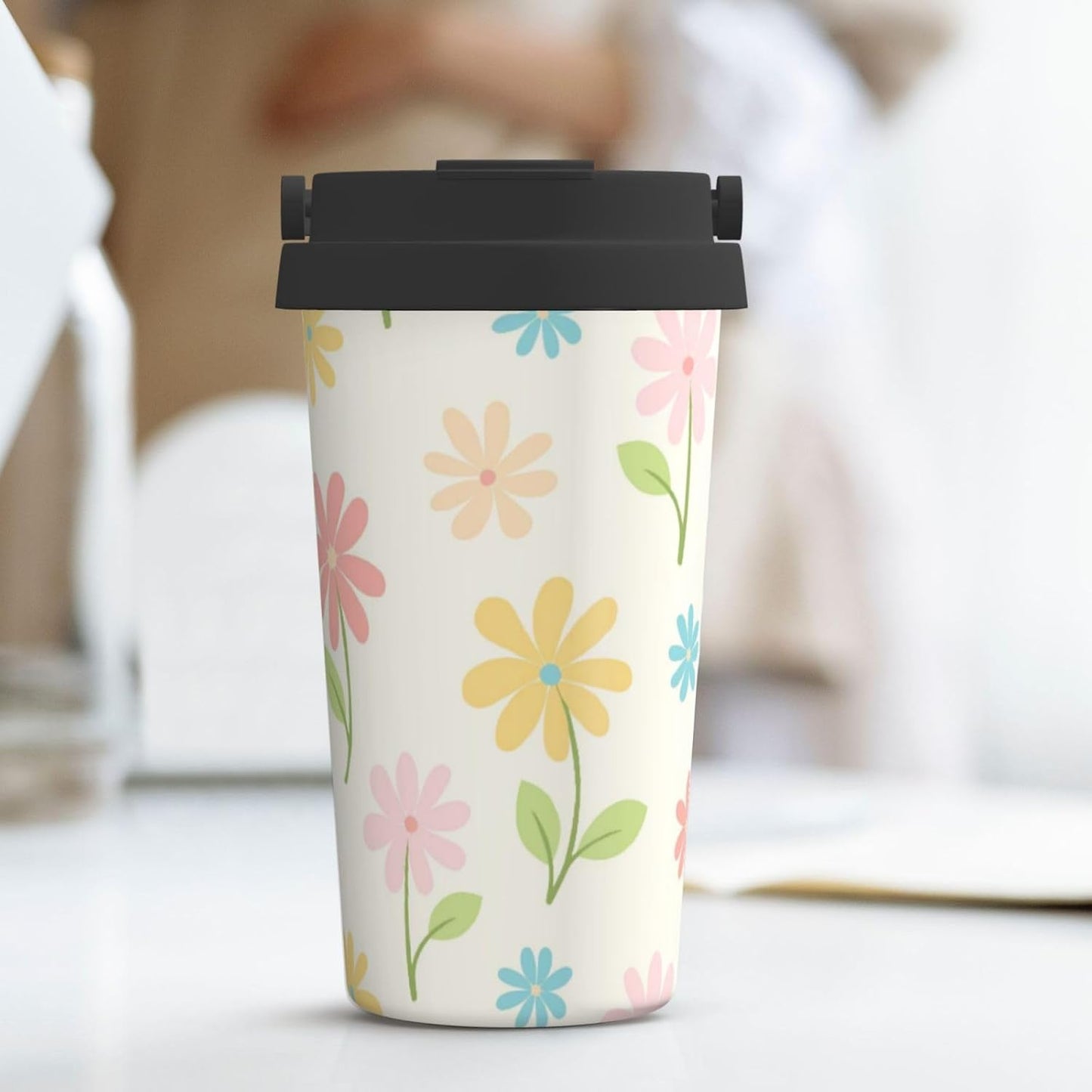 Orange And Blue Floral Print Leak Proof Coffee Travel Cup | Double Wall Stainless Steel Insulated Tumbler Flip Lid Portable Car Driving Coffee Drinking Vessel