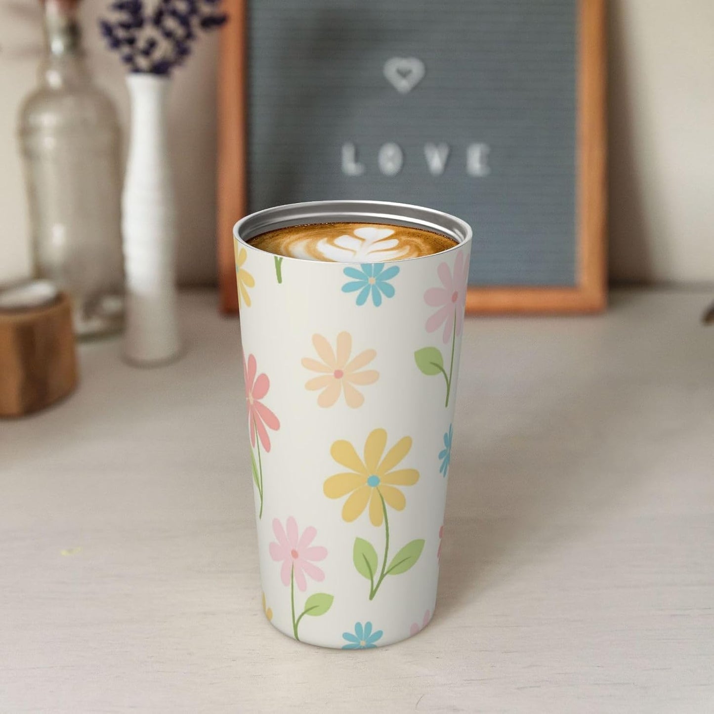 Orange And Blue Floral Print Leak Proof Coffee Travel Cup | Double Wall Stainless Steel Insulated Tumbler Flip Lid Portable Car Driving Coffee Drinking Vessel