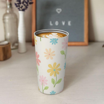 Orange And Blue Floral Print Leak Proof Coffee Travel Cup | Double Wall Stainless Steel Insulated Tumbler Flip Lid Portable Car Driving Coffee Drinking Vessel