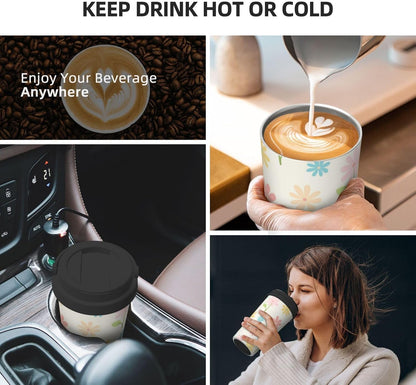 Orange And Blue Floral Print Leak Proof Coffee Travel Cup | Double Wall Stainless Steel Insulated Tumbler Flip Lid Portable Car Driving Coffee Drinking Vessel