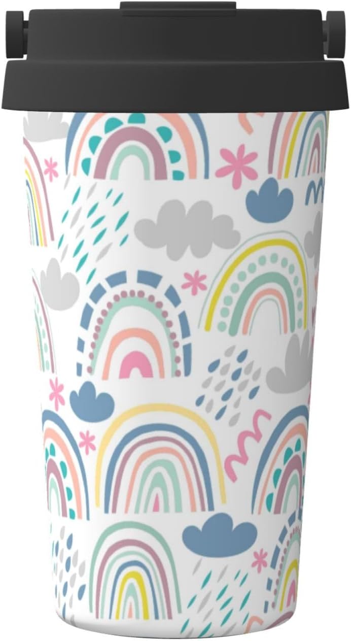 Orange And Blue Floral Print Leak Proof Coffee Travel Cup | Double Wall Stainless Steel Insulated Tumbler Flip Lid Portable Car Driving Coffee Drinking Vessel