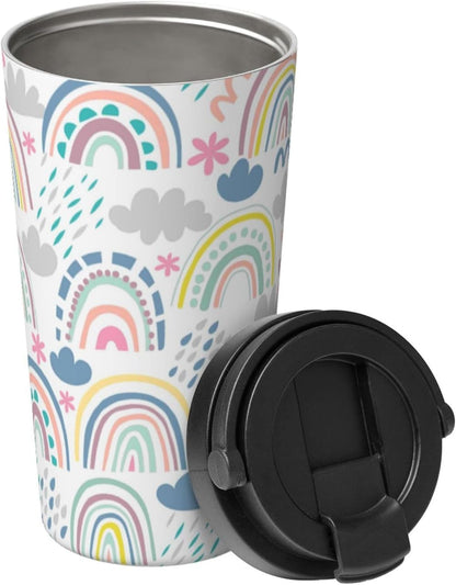 Orange And Blue Floral Print Leak Proof Coffee Travel Cup | Double Wall Stainless Steel Insulated Tumbler Flip Lid Portable Car Driving Coffee Drinking Vessel