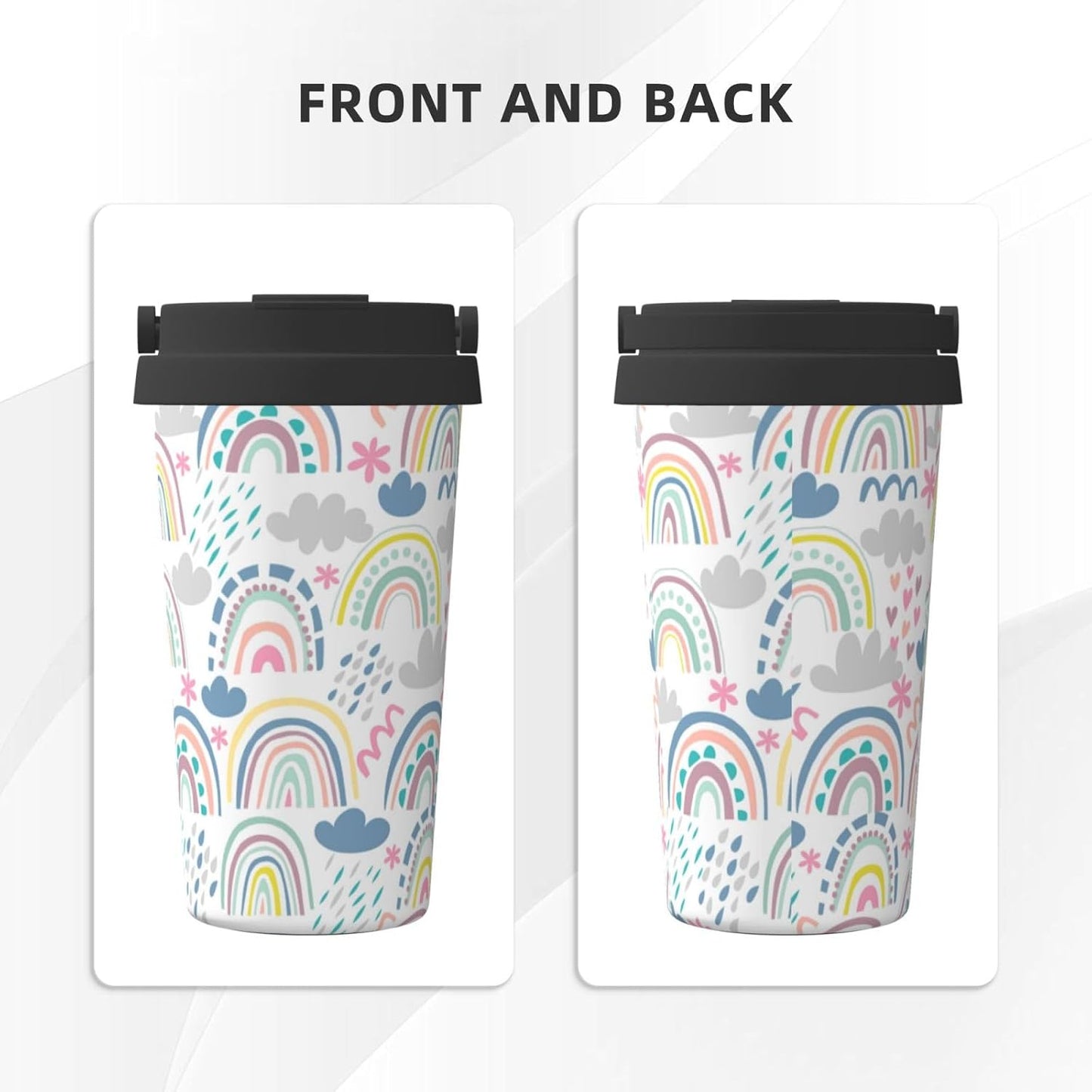 Orange And Blue Floral Print Leak Proof Coffee Travel Cup | Double Wall Stainless Steel Insulated Tumbler Flip Lid Portable Car Driving Coffee Drinking Vessel