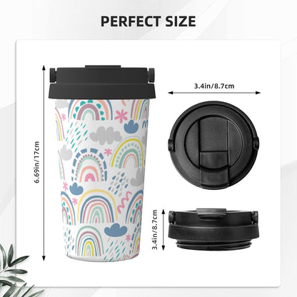 Orange And Blue Floral Print Leak Proof Coffee Travel Cup | Double Wall Stainless Steel Insulated Tumbler Flip Lid Portable Car Driving Coffee Drinking Vessel