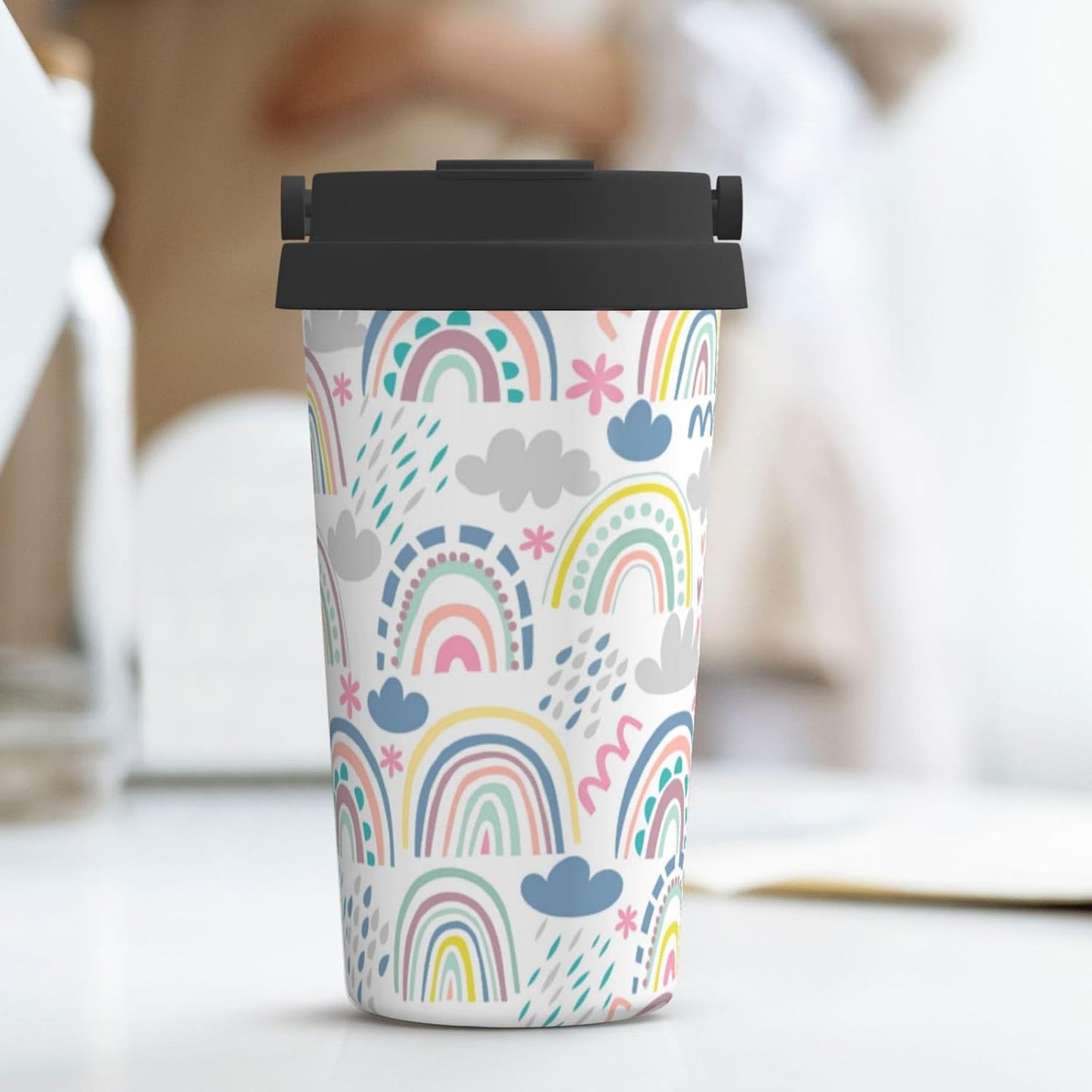 Orange And Blue Floral Print Leak Proof Coffee Travel Cup | Double Wall Stainless Steel Insulated Tumbler Flip Lid Portable Car Driving Coffee Drinking Vessel