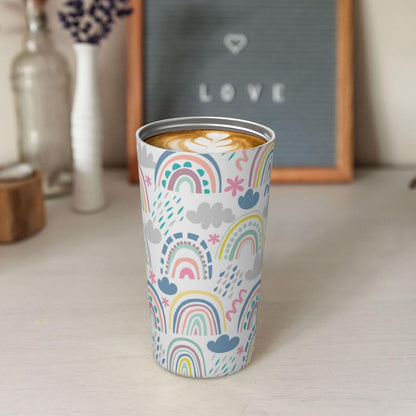 Orange And Blue Floral Print Leak Proof Coffee Travel Cup | Double Wall Stainless Steel Insulated Tumbler Flip Lid Portable Car Driving Coffee Drinking Vessel
