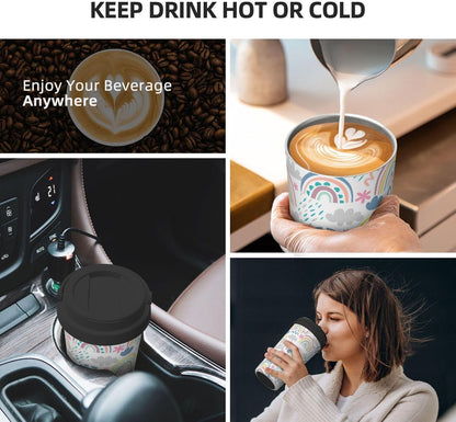 Orange And Blue Floral Print Leak Proof Coffee Travel Cup | Double Wall Stainless Steel Insulated Tumbler Flip Lid Portable Car Driving Coffee Drinking Vessel