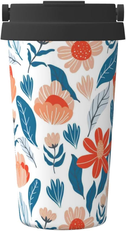 Orange And Blue Floral Print Leak Proof Coffee Travel Cup | Double Wall Stainless Steel Insulated Tumbler Flip Lid Portable Car Driving Coffee Drinking Vessel