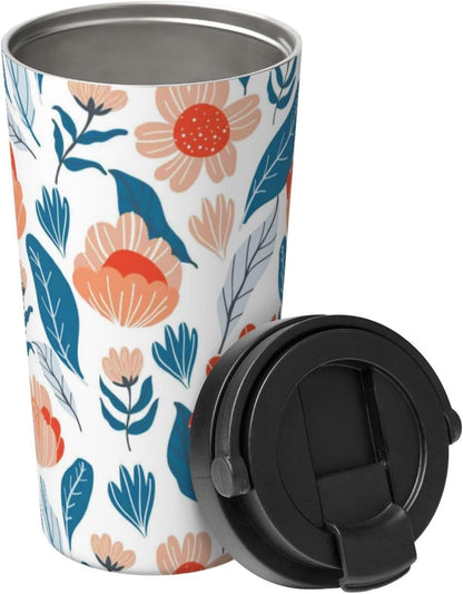 Orange And Blue Floral Print Leak Proof Coffee Travel Cup | Double Wall Stainless Steel Insulated Tumbler Flip Lid Portable Car Driving Coffee Drinking Vessel