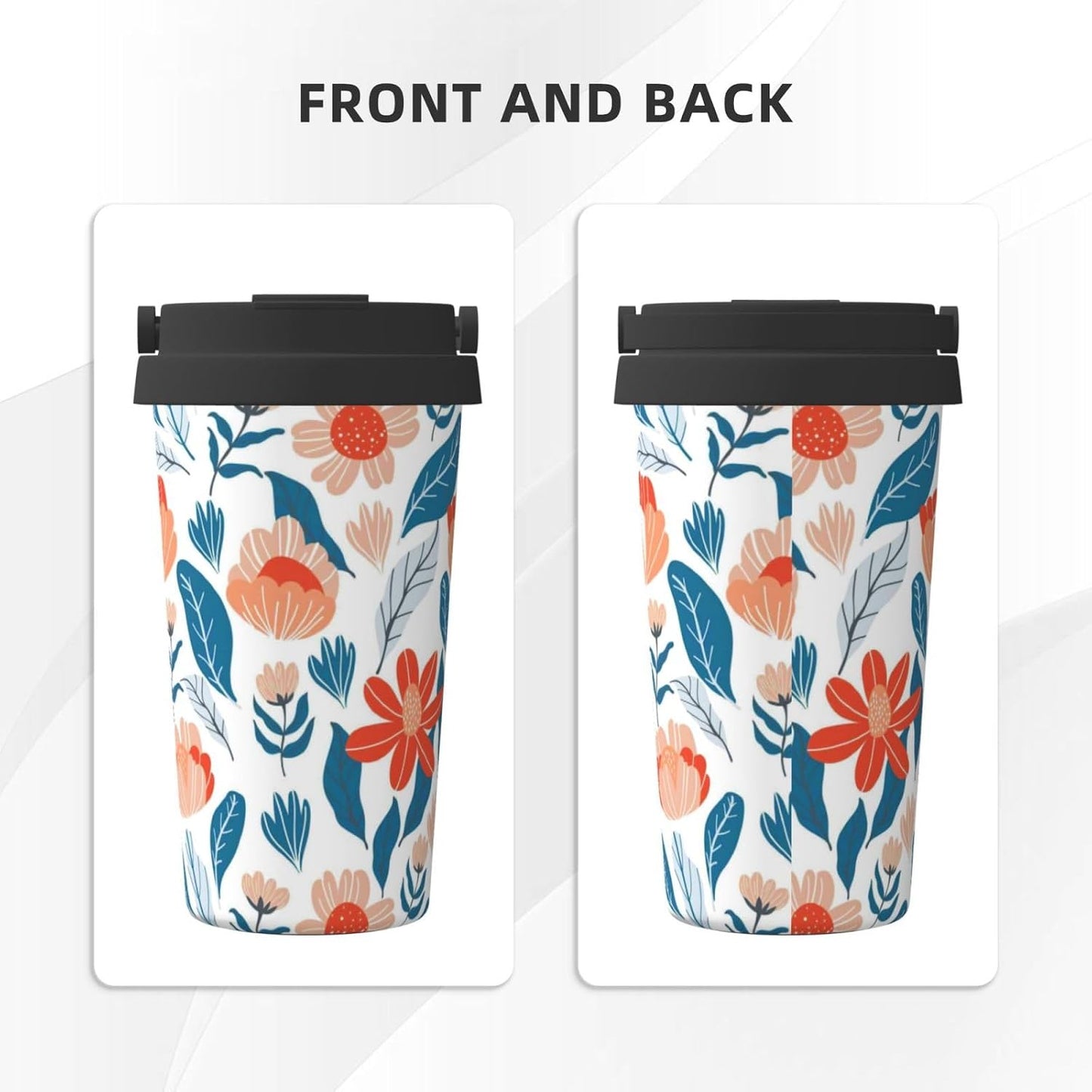 Orange And Blue Floral Print Leak Proof Coffee Travel Cup | Double Wall Stainless Steel Insulated Tumbler Flip Lid Portable Car Driving Coffee Drinking Vessel