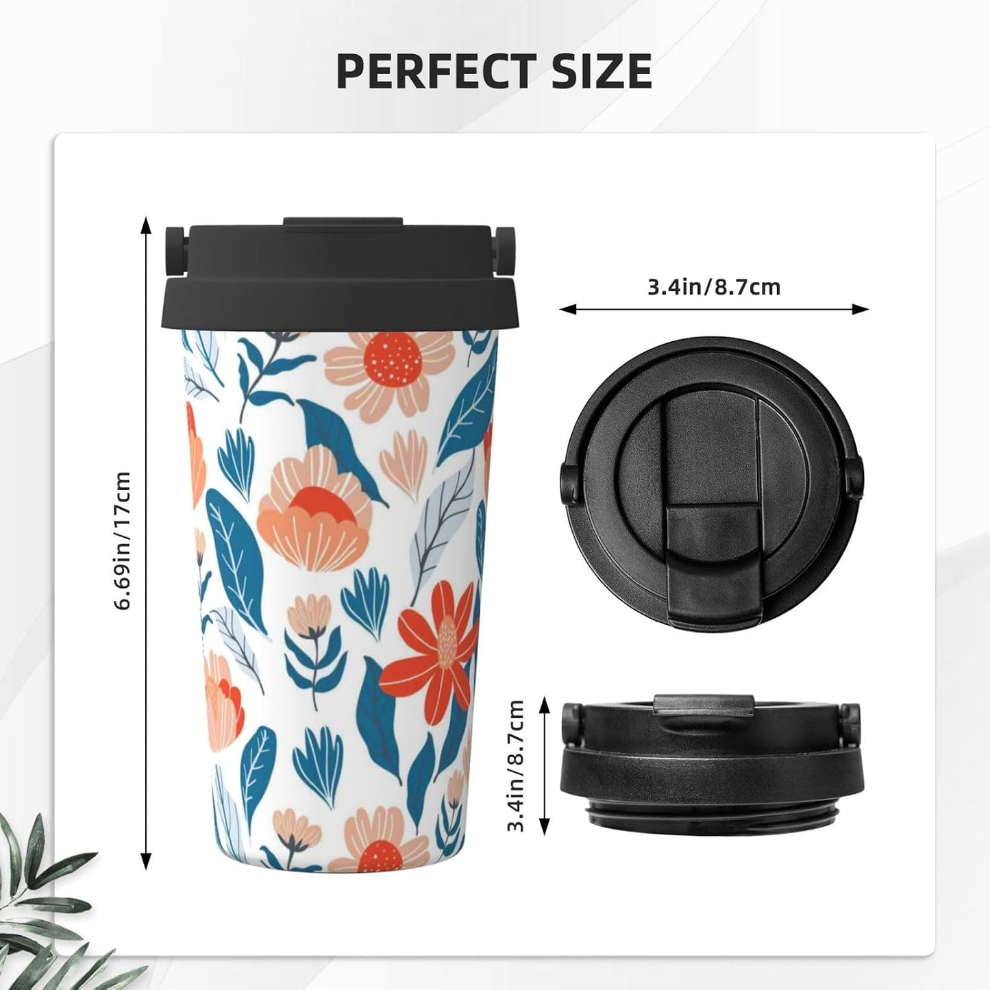 Orange And Blue Floral Print Leak Proof Coffee Travel Cup | Double Wall Stainless Steel Insulated Tumbler Flip Lid Portable Car Driving Coffee Drinking Vessel