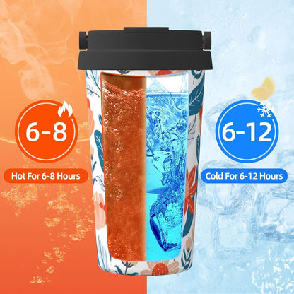 Orange And Blue Floral Print Leak Proof Coffee Travel Cup | Double Wall Stainless Steel Insulated Tumbler Flip Lid Portable Car Driving Coffee Drinking Vessel