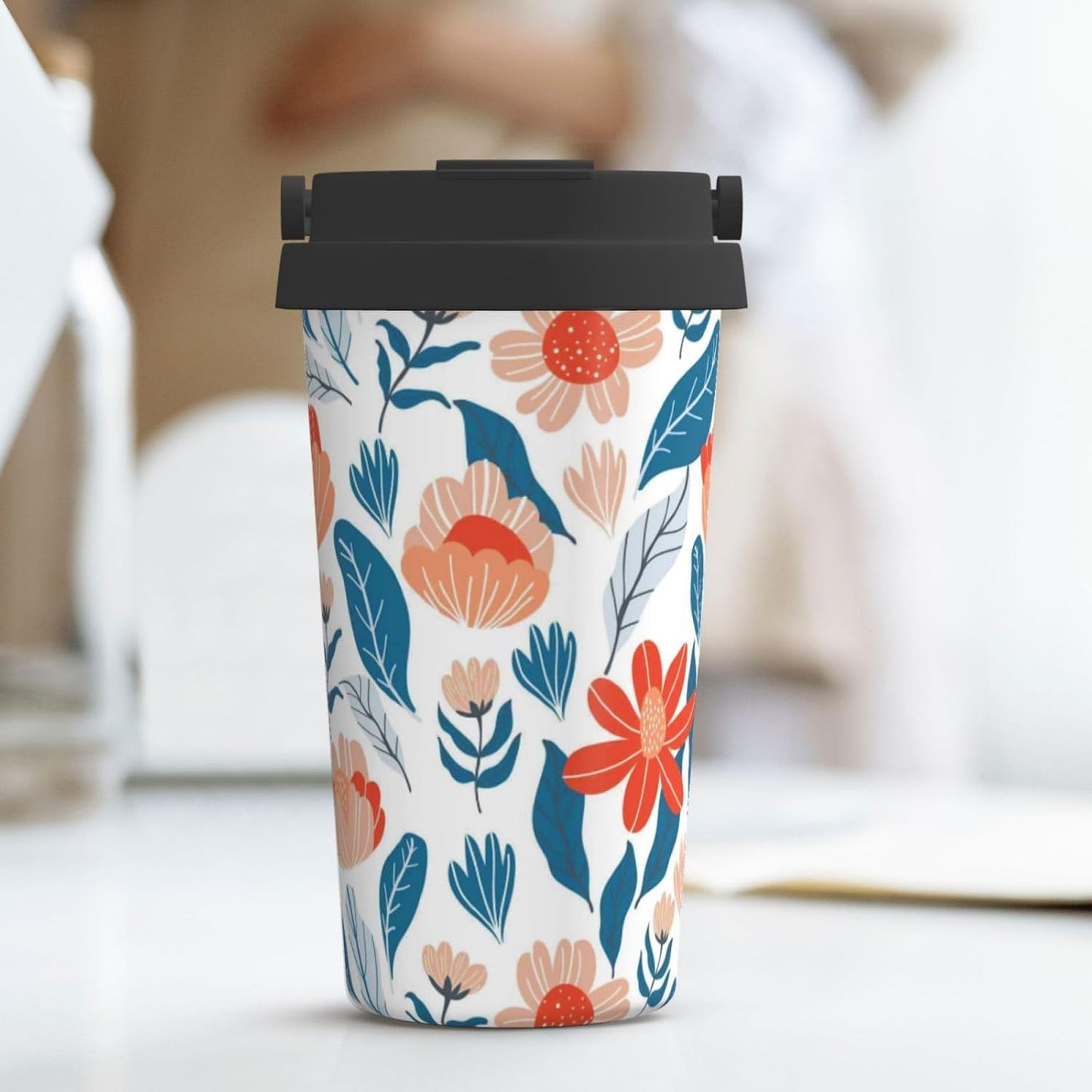 Orange And Blue Floral Print Leak Proof Coffee Travel Cup | Double Wall Stainless Steel Insulated Tumbler Flip Lid Portable Car Driving Coffee Drinking Vessel