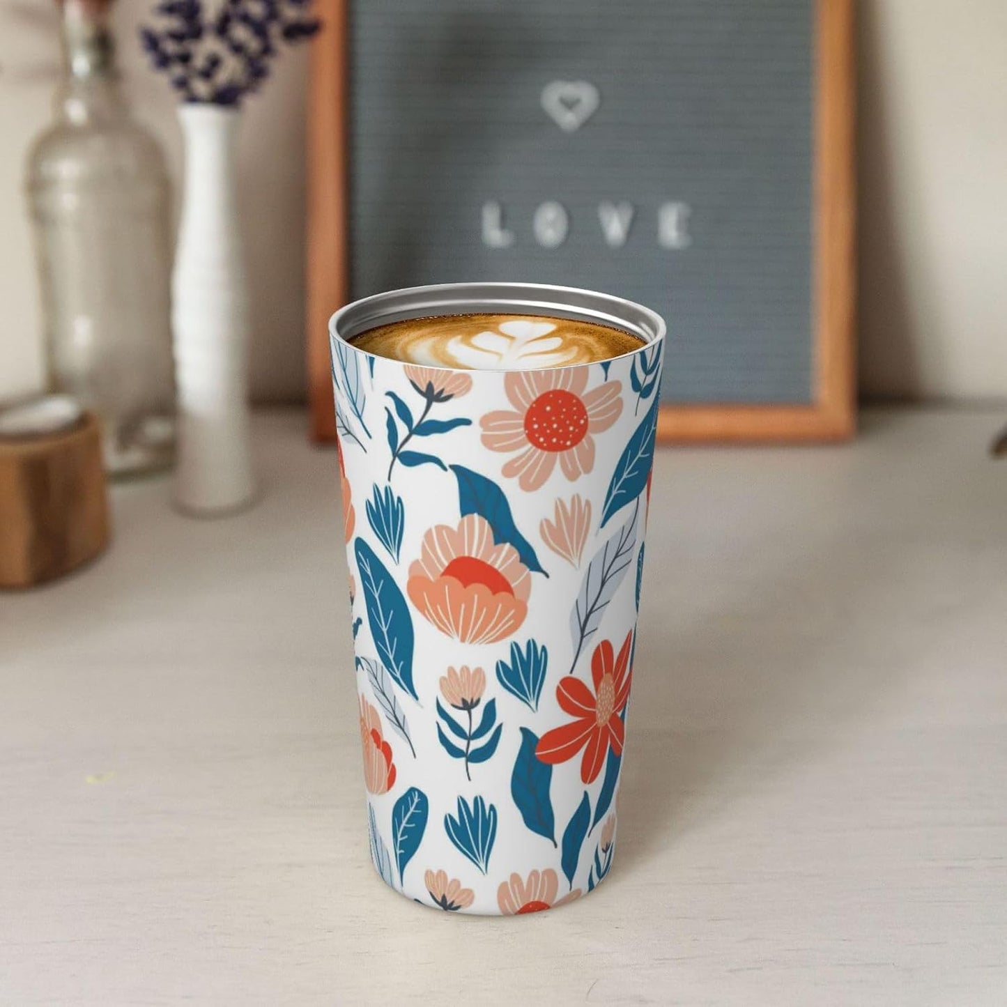 Orange And Blue Floral Print Leak Proof Coffee Travel Cup | Double Wall Stainless Steel Insulated Tumbler Flip Lid Portable Car Driving Coffee Drinking Vessel